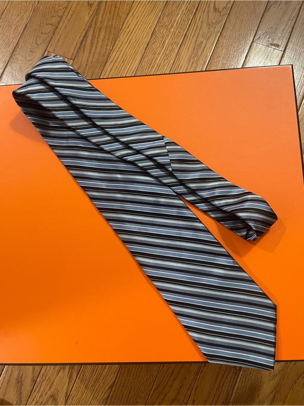 DKNY Men's Black and Gray Striped Silk Tie